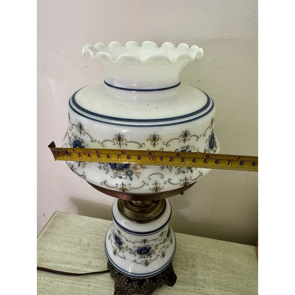 Vintage Quoizel Model 1960 Gone with the Wind Lamp Blue Floral Milk Glass Parlor